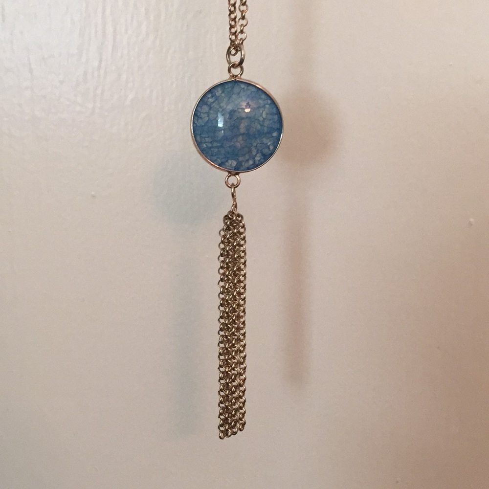 Long Gold and Blue Stone Necklace